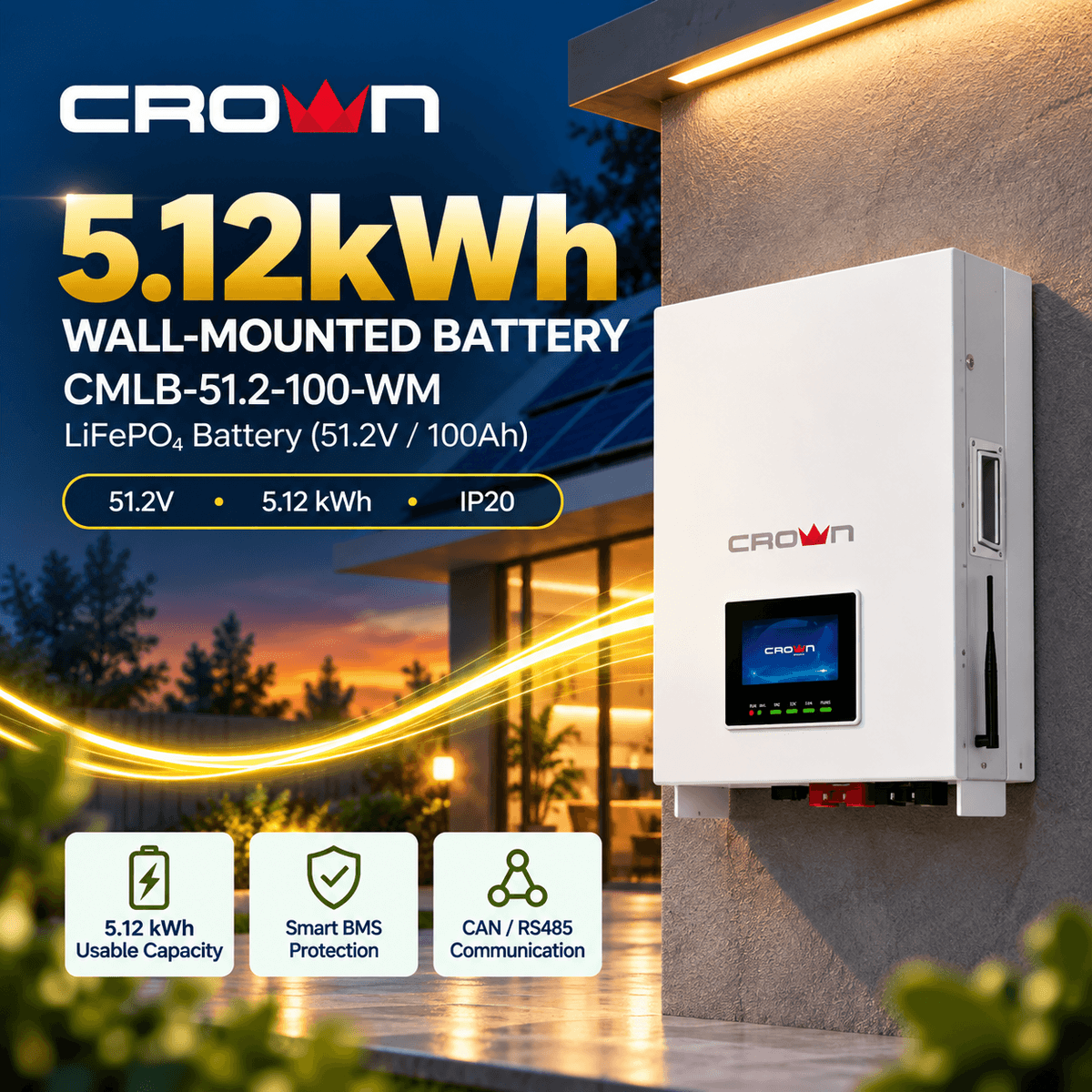 Crown 5.12kWh Wall-Mounted LiFePO4 Solar Battery Pakistan