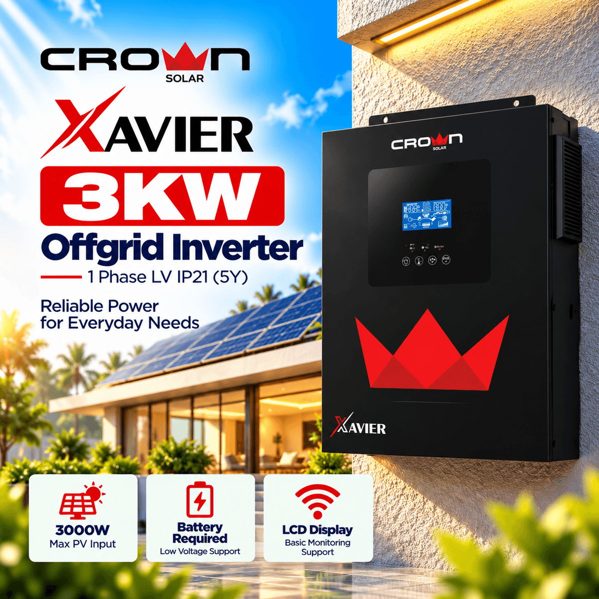 Crown Xavier 3kW Pure Sine Wave Solar Inverter Pakistan